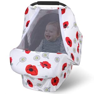 Baby Car Seat Cover, Infant Car Seat Cover with Breathable & Zipped Peep Window, Car Seat Canopy for Boys Girls Protects Babies from Wind, Sun, Mosquito, Soft & Stretchy Nursery Cover, Safflower