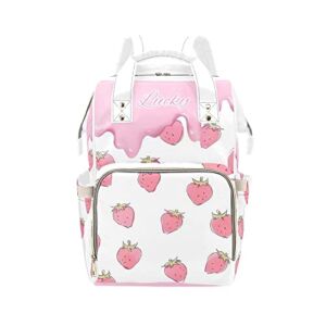 Personalized Cute Strawberry Diaper Bag Backpack with Name Custom Mommy Nursing Baby Bags Nappy Bag Casual Travel Daypack for Mom Girl Gifts