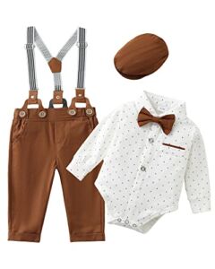 Baby Boy Clothes 0-18M Infant Tuxedo Long Sleeve Gentleman Outfits + Suspender Pants + Bowtie + Beret Hat Baby Boy Suit Set White