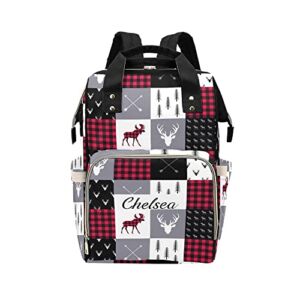 Plaid Deer Woodland Personalized Diaper Bag Backpack Custom Name Daypack Large Mommy Bag for Teen Girls Boy Student
