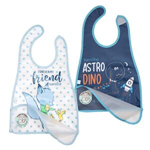 Bambino Creations Baby Feeding Bibs (2-pack) | Light Blue Waterproof Bibs With Front Pocket | Mealtime Baby Bibs for Girls and Boys | BPA & Phthalate-Free Toddler Bibs | Adorable Baby Bibs for Eating