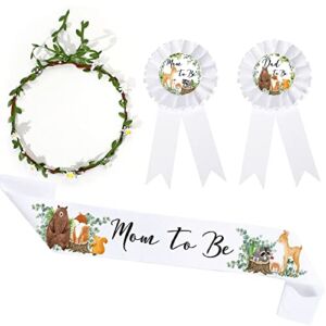 4 Pieces Mom to Be Sash for Woodland, Baby Shower Sash Mom to Be Corsage with Sage Green Leaf Crown Dad to Be Corsage Set Woodland Theme Baby Shower Party Favors for Maternity Girl Boy Gender Reveal