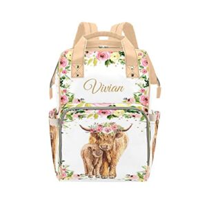 Flowers Cow Custom Diaper Bag Backpack with Name,Personalized Mommy Nursing Baby Bags Nappy Shoulders Travel Bag Casual Daypack Gifts