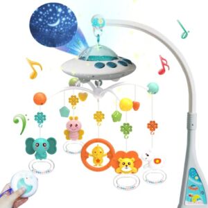 Eners Baby Crib Mobile with Music and Lights, Mobile for Baby Crib with Remote Control, Rotation, Moon and Star Projection, Baby Crib Toys for Boys Girls (Blue)