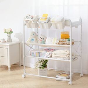 White Portable Changing Table, Baby Changing Station Foldable Baby Changing Table Dresser with Storage, Adjustable Height Waterproof Folding Mobile Diaper Station Pad with Wheels for Infant Nursery