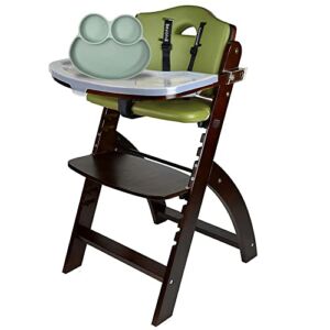 Abiie Beyond Wooden High Chair (Mahogany Wood, Olive Cushion) and Octopod Silicone Baby Food Dish (Sage Green) — High Chair and Suction Plate for Babies and Toddlers Bundle — Feeding Accessories