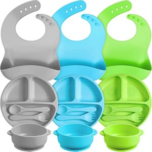 15 Pieces Silicone Baby Feeding Set Suction Baby Plates Baby Led Weaning Supplies Toddler Includes Plates and Bowls with Suction Baby Bib Spoons Fork Set, 3 Colors