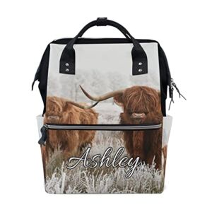 Highland Cow Personalized Diaper Bag Backpack Custom Name Mommy Backpack Baby Changing Bags Travel Nursing Nappy Bag