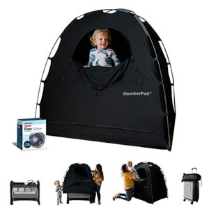 SlumberPod and Fan Combo 2.0, Portable Privacy Pod Blackout Canopy Crib Cover, Sleeping Space for Age 4 Months and Up, Pack n Play Blackout Cover, Baby Travel Crib Canopy (Black/Grey)