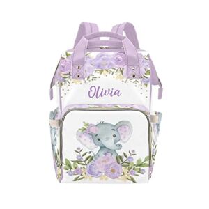 Little Elephant With Purple Flowers Custom Diaper Bag Backpack with Name,Personalized Mommy Nursing Baby Bags Nappy Shoulders Travel Bag Casual Daypack Gifts