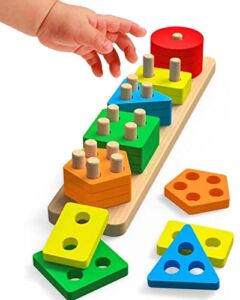 Ecoffer Montessori Toys for 1 2 3+ Year Old Toddlers, Educational Toys for 1 2 3 + Year Old Girls Boys ,Wooden Stacking Toys for Toddlers 1-3,Shape Sorter Toy,Color Sorting Toy,Learning Toy.
