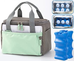 TreaHome Breastmilk Cooler Bag with 2 Ice Pack, Baby Bottle Cooler Bag Can Hold 6 Large 9 Ounce Bottles, Multiple Pockets Designed for Daycare, Nursing Moms (Green)