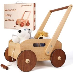 Woodtoe Wooden Baby Walker, Adjustable Speed Push Toys for Babies Learning to Walk, Natural Wood Push and Pull Learning Walking Educational Toy Gift for Toddler Boy Girl 1 2 3 Year (Patent Protection)