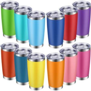12 Pieces 20oz Stainless Steel Tumbler Set with Lid Double Wall Vacuum Insulated Travel Mug Colorful Skinny Coffee Tumbler for Coffee Water Hot Cold Drinks