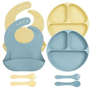 8 Pcs Silicone Baby Feeding Set, Silicone Bibs Spoon Fork for Baby, Divided Plate with Suction for Babies & Toddlers Eating, Waterproof, Safety for Boys Girls Feeding(dusty blue, yolk yellow)