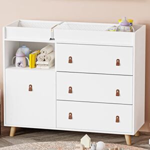 Baby Changing Table Dresser, Modern Nursery Dresser Chest with 3 Drawers & 1 Shelf, Diaper Changing Pad, Storage Changing Dresser (White)