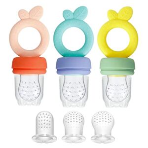 PandaEar 3 Pack Silicone Baby Fruit Food Feeder Nibbler Pacifier with 3 Sizes Silicone Pouches, BPA Free Mesh Feeder for Infants