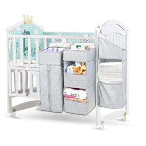 TOCKONIMN Hanging Diaper Caddy Organizer for Baby Crib – 3-in-1 Diaper Stacker for Changing Table Nursery Organization Storage Holder for Baby Essentials Attachment Portable Combining Clothing (Grey)