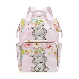 Crown Rhino Pink Floral Rose Personalized Diaper Backpack with Name,Custom Travel DayPack for Nappy Mommy Nursing Baby Bag One Size