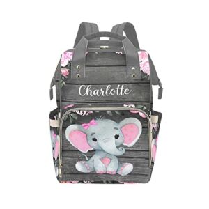 Pink Woodland Elephant Personalized Diaper Bag Backpack Custom Name Daypack Large Mommy Bag for Teen Girl Boy Student