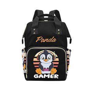 Fun Penguin Gamer Diaper Bags Backpack with Name Personalized Baby Bag Nursing Nappy Bag Travel Tote Bag Gifts