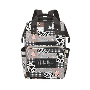 Cow Print Patchwork Personalized Diaper Bag Backpack Custom Name Daypack Large Mommy Bag for Adults Girl Boy Student
