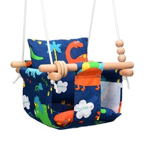 Baby Swing Outdoor for Infants to Toddler Indoor Portable Baby Swings Set with Cotton Cushion Seat Baby Hammock Swing Chair Canvas Fabric Porch Swing Outside Hanging Baby Tree Swing(Dinosaur Print)