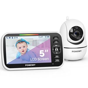 Baby Monitor, 5” Large LCD Screen Video Baby Monitor with Camera and Audio, 3000mAh Battery, No WiFi 1000ft Range Remote Pan Tilt 2X Zoom, Two-Way Audio, Night Vision, Room Temperature, Lullaby Player