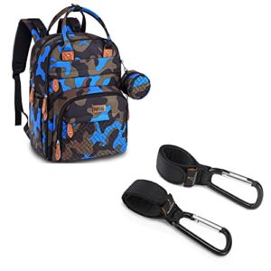 Diaper Bag Backpack, BabbleRoo Baby Nappy Changing Bags with Changing Pad-camo blue & Stroller Straps & Pacifier Case, Stroller Hooks ,Shopping & Diaper Bags on Buggy, Pushchair or Pram, Black, 2 Pack