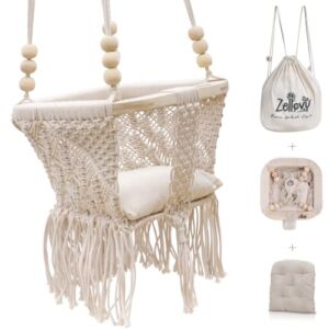 ZELLOVY Organic Macrame Baby Swing Chair with Cushion & Portable Canvas Backpack | Boho Baby Swing Outdoor Indoor Infants & Toddler | Hanging Rope Baby Gift Swing | Handmade Crochet Baby Swing Seat