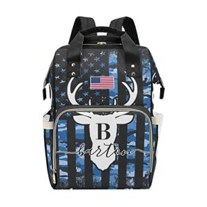 FELIZSTORE Personalized Diaper Bag Backpack – Baby Girl Diaper Bag Backpack for Dad Boy Men with Name – Camo Flag Deer Blue