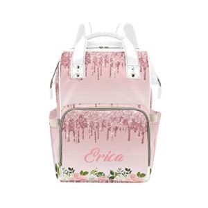 NZOOHY Pink Floral Rose Gold Glitter Drips Personalized Name Diaper Bag Tote, Custom Waterproof Nursing Baby Bag Mummy Backpack for Mom Travel Outdoor, 15” X 10.83” X 6.69”