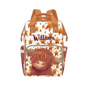 Highland Yellow Cow Custom Diaper Bag Backpack with Name,Personalized Mommy Nursing Baby Bags Nappy Shoulders Travel Bag Casual Daypack Gifts