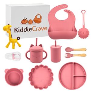 Kiddie Crave Baby Feeding Supplies Set of 11 – Ultra Soft Silicone Baby Utensils – Colorful Baby Led Weaning Supplies with Spoons, Bibs, Bowls – Comfortable and Safe Baby Plates (Pink)
