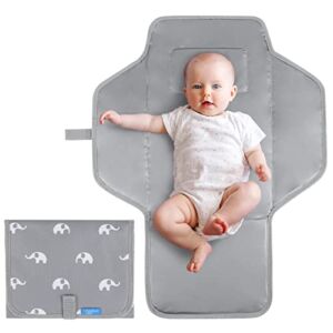 PHOEBUS BABY Portable Changing Pad Travel – Waterproof Compact Diaper Changing Mat with Built-in Pillow – Lightweight & Foldable Changing Station, Newborn Shower Gifts(Cute Elephant)