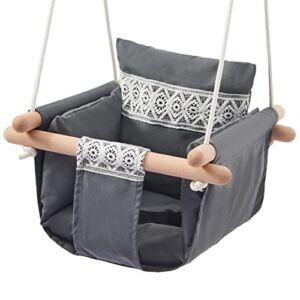Secure Baby Swing Seat with Safety Belt – Baby Canvas and Wooden Swing Chair with Lace Décor Cushion – Hanging Indoor Swing for Infants & Baby Swing Outdoor – Tree Toddler Swing for Backyard Outside