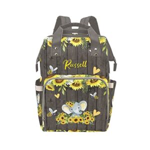 Elephant Sunflower Bee Personalized Diaper Bag Backpack Custom Name Daypack Large Mommy Bag for Teen Girl Boy Student