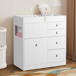 BANIROMAY Baby Changing Table Dresser with Drawers, Baby Nursery Dresser with Waterproof Changing Diaper Pad, Safety Belt and Hidden Trash Storage (White)