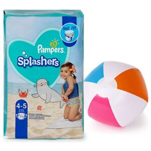 Pampers Splashers Swim Diapers & Broozy Inflatable Beach Ball Bundle – Super Soft, Durable Disposable Water Diapers for Boys & Girls with Fun Pool Ball, Size 4-5