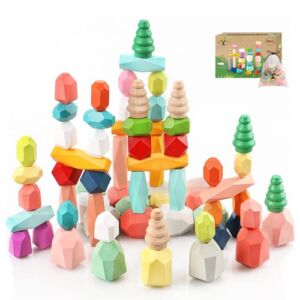 48PCS Toddler Wooden Stacking Building Blocks Montessori Toys for 1 2 3 4 5 6 Year Old Girls Boys Preschool Educational Sensory Toys for Toddlers 1-3 STEM Learning Toys Ages 2-4 Kids Toys Games Gift