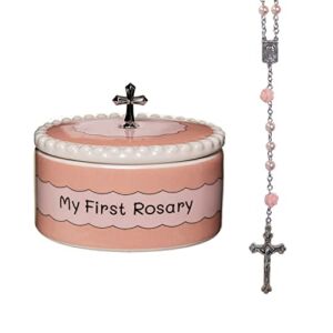 Cascade Goods Girls First Baby Rosary Cross with Matching Keepsake Box, Baby Girl Baptism Gifts for Baby Showers, 1st Holy Communions and Baptisms, Two Piece Set of Christening Gifts for Girls
