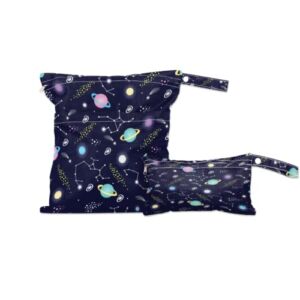 2pcs Space Wet Dry Bags, Constellation Planet Star Sky Waterproof Reusable Baby Cloth Diaper Bag with Two Zippered Pockets for Swimsuits Wet Cloth Diaper