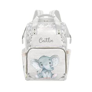 Grey Elephant Flower Personalized Diaper Bag Backpack Custom Name Daypack Large Mommy Bag for Teen Girl Boy Student