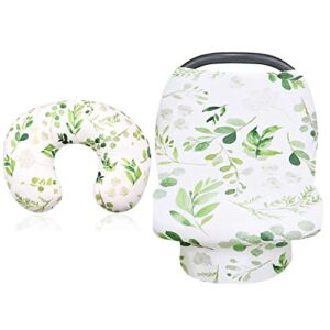 Car Seat Cover for Babies & Nursing Pillow Cover, Green Leaf Car seat Canopy for Boys Girls, Breastfeeding Pillow Slipcover, Soft Fabric Fits Snug On Infant