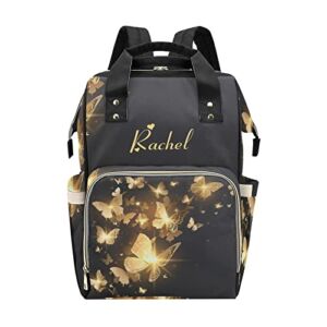 Custom Diaper Bag Backpack With Name Text Personalized Gold Butterflies Baby Nappy Daypack Tote For Mom Girls School Outdoor Travel