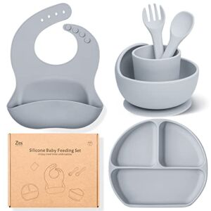 Baby Silicone Feeding Set for Toddlers Ziza Baby Led Weaning Supplies BPA Free Suction Plates Bowls Self Eating Utensils Set with Silicone Bib, Cup, Spoon and Fork(Grey)