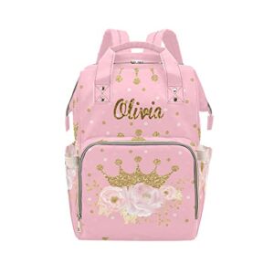 FunnyCustomShop Pink Flower Glod Crown Custom Diaper Bag Backpack with Name,Personalized Mommy Nursing Baby Bags Nappy Shoulders Travel Bag Casual Daypack Gifts