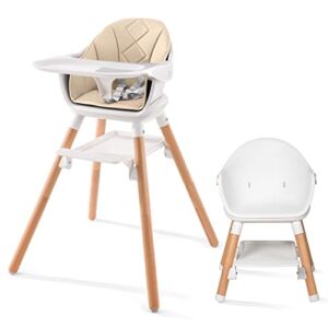Beberoad Love Baby High Chair, 4 in 1 Wooden Highchair Convertible High Chair Booster Toddler Chair with Double Removable Tray, 5-Point Harness & PU Cushion for Babies Infants Toddlers White