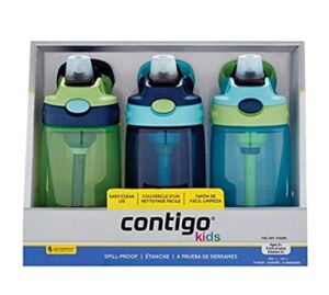 Contigo Kids Water Bottle, 14 oz with Autospout Technology – Spill Proof, Easy-Clean Lid Design – Ages 3 Plus, Top Rack Dishwasher Safe, 3-Pack, Green / Blue