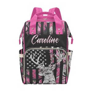 FELIZSTORE Custom Diaper Bag Backpack – Camo Flag Deer Pink Baby Girl Diaper Bag Backpack for Dad Boy Men with Name